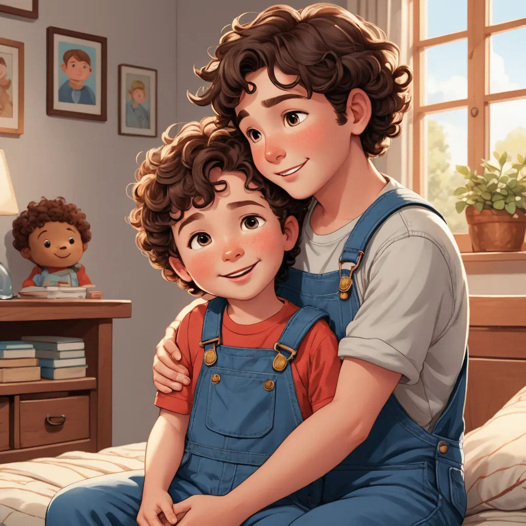a man and a child sitting on a bed together in a bedroom with a teddy bear on the bed, sots art, a storybook illustration, Brothers Hildebrandt, official art