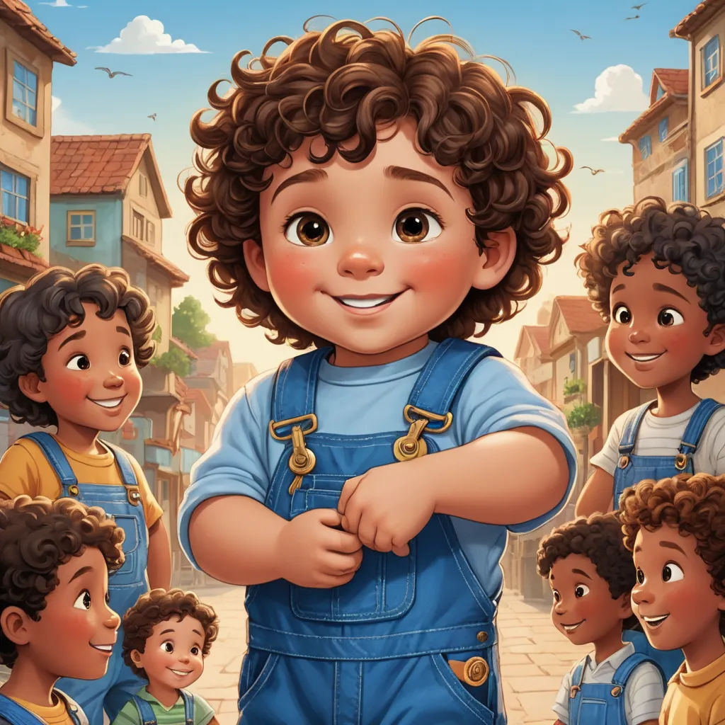 a cartoon of a boy standing in front of a group of children in a city street with a building in the background, lyco art, a storybook illustration, Americo Makk, official art