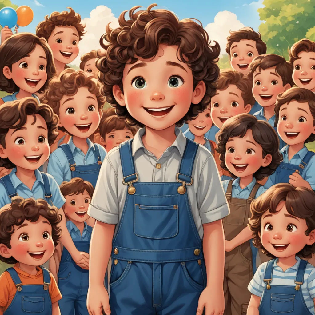 a boy in overalls standing in front of a group of children with balloons in the air and smiling, les automatistes, a storybook illustration, Alejandro Burdisio, official art