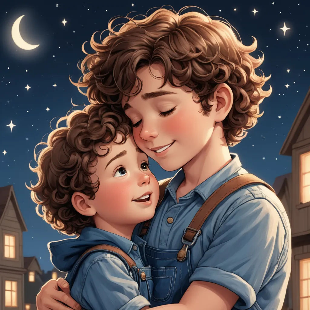 a man and a child are hugging in front of a night sky with stars and a crescent moon in the background, serial art, a storybook illustration, Brothers Hildebrandt, trending on art station