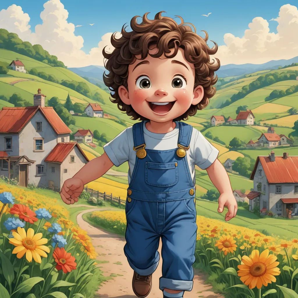 a boy in overalls walking down a dirt road in front of a farm with a house and flowers, american scene painting, a storybook illustration, Diego Gisbert Llorens, storybook illustration