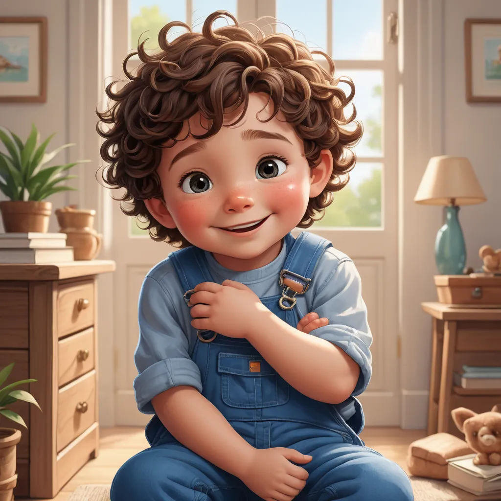 a cartoon boy with curly hair sitting on a floor in a room with a teddy bear and a window, photorealism, a photorealistic painting, Diego Gisbert Llorens, professional digital painting