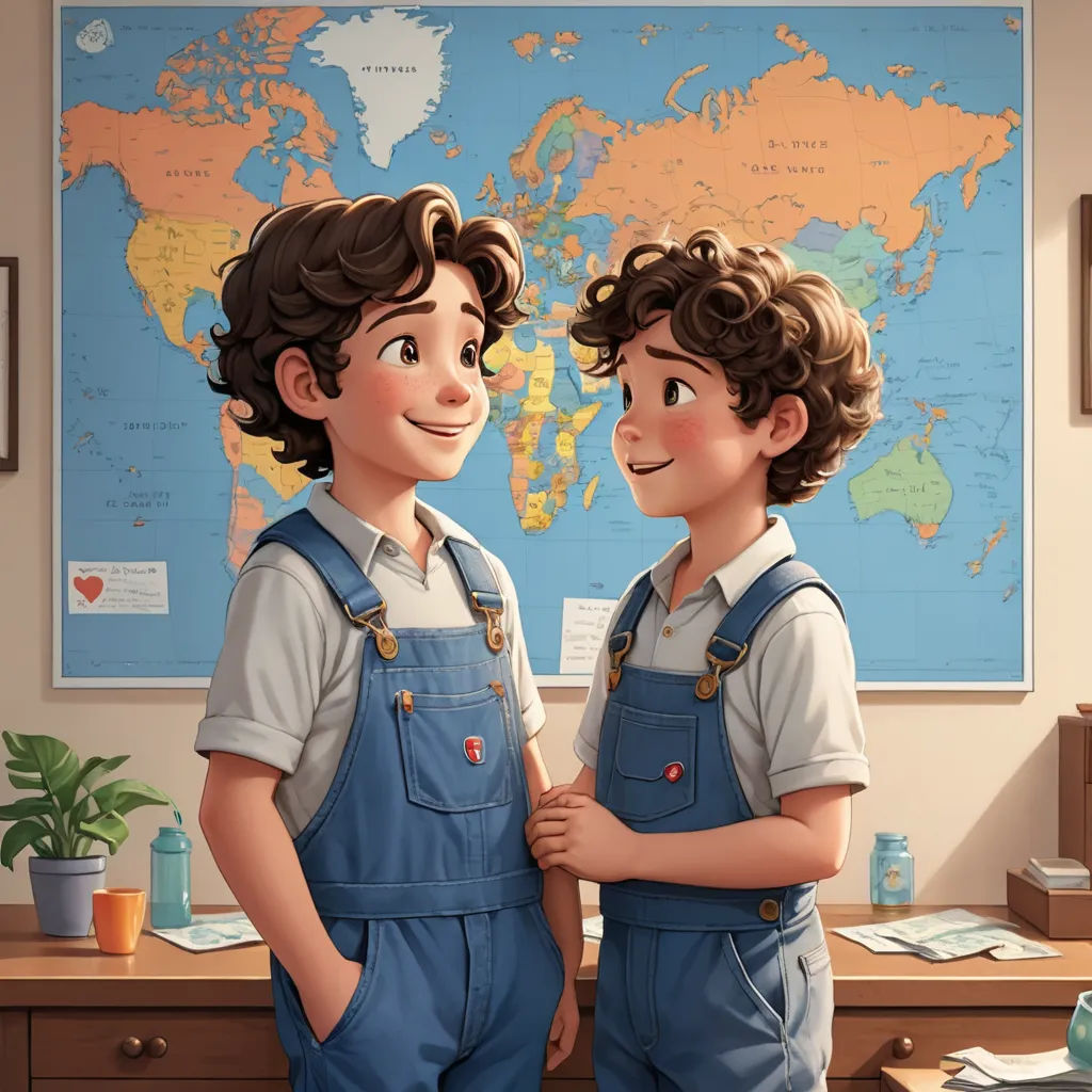 two children standing in front of a map of the world in a room with a desk and a chair, serial art, a storybook illustration, Brothers Hildebrandt, rossdraws global illumination