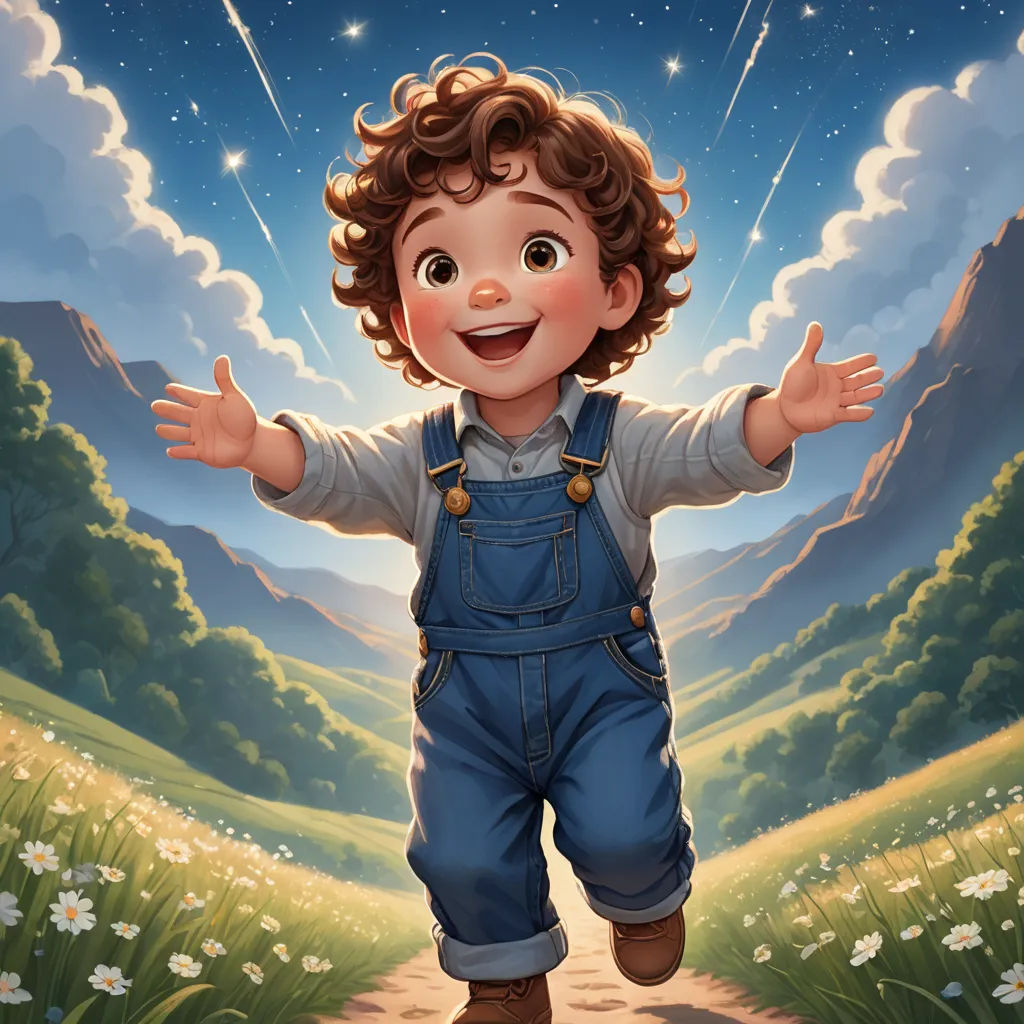 a cartoon boy with his arms outstretched in the air and a mountain in the background with stars and clouds, fantasy art, a storybook illustration, Aaron Jasinski, trending on art station