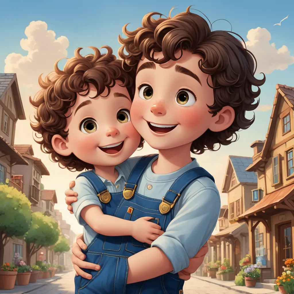 a boy and a girl hugging in front of a street with houses and a sky background in the background, lyco art, a storybook illustration, Brothers Hildebrandt, trending on art station