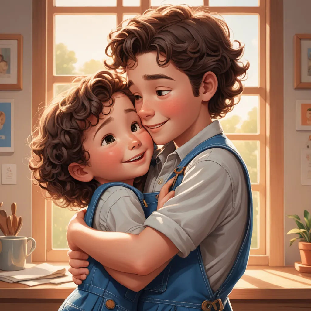 a boy and girl hugging each other in front of a window with a potted plant in the background, sots art, a storybook illustration, Brothers Hildebrandt, pixar and disney animation