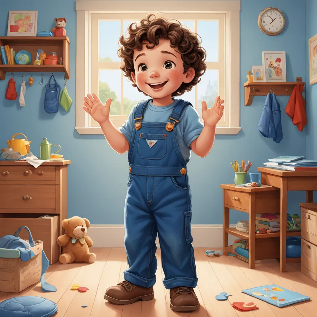 a cartoon boy standing in a room with a teddy bear and toys on the floor and a window behind him, american scene painting, a storybook illustration, Chris LaBrooy, storybook illustration