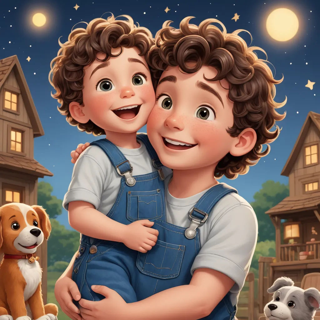 a boy hugging a boy with a dog in front of him and a house with stars and moon in the sky, lyco art, a storybook illustration, Brothers Hildebrandt, storybook illustration