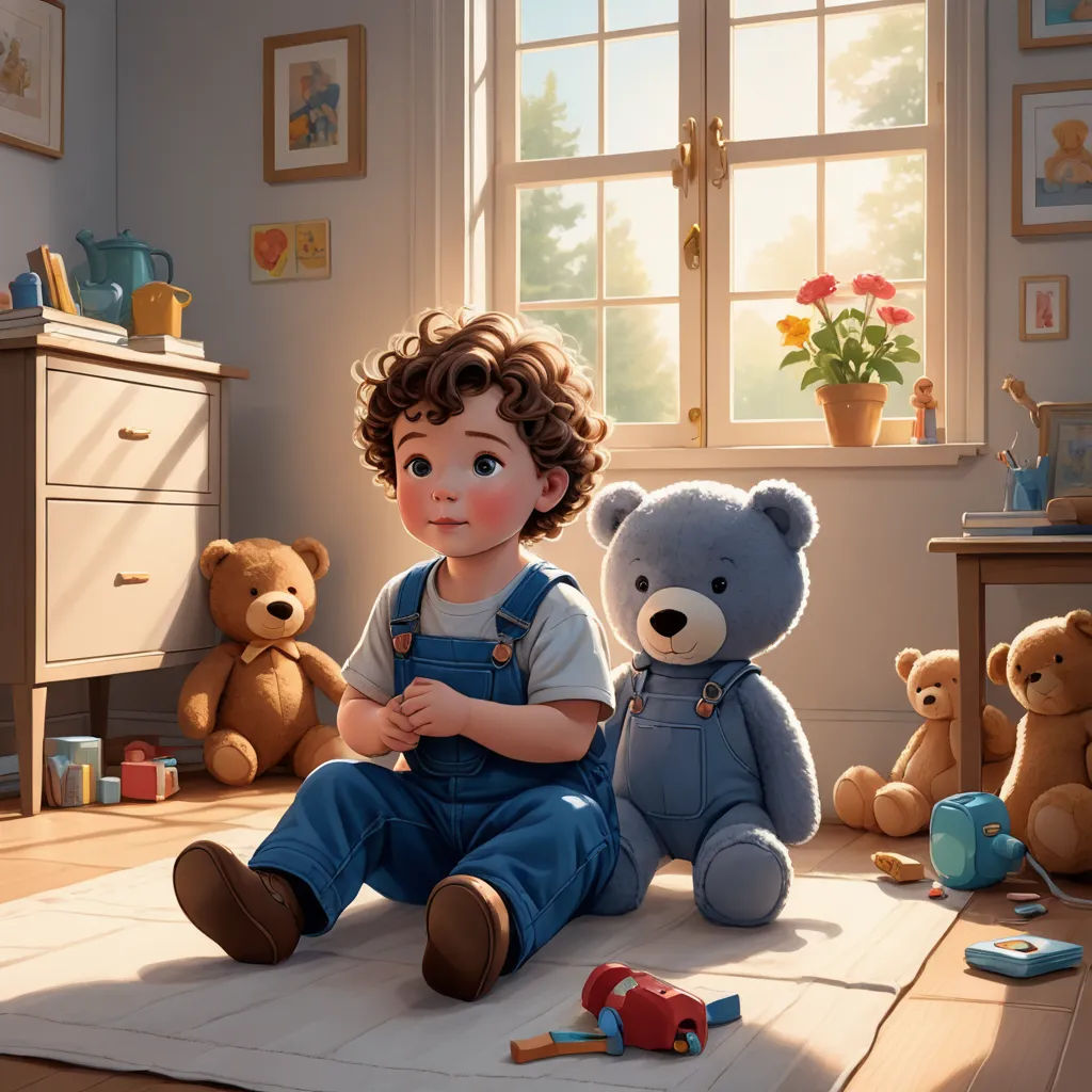 a boy sitting on the floor with two teddy bears in front of him and a teddy bear in the background, photorealism, a storybook illustration, Chris LaBrooy, cgstudio