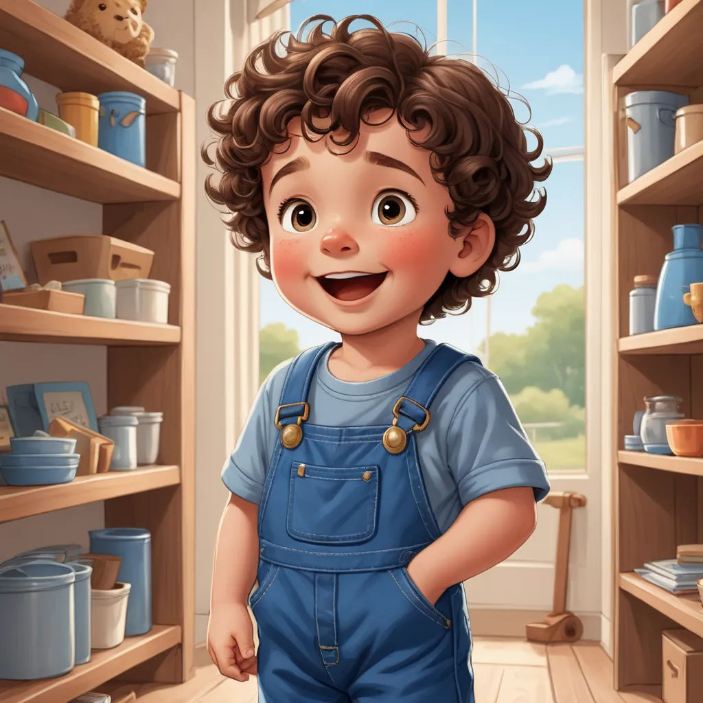 a cartoon boy in overalls standing in a room with shelves full of toys and a teddy bear on the floor, photorealism, a storybook illustration, Diego Gisbert Llorens, character art