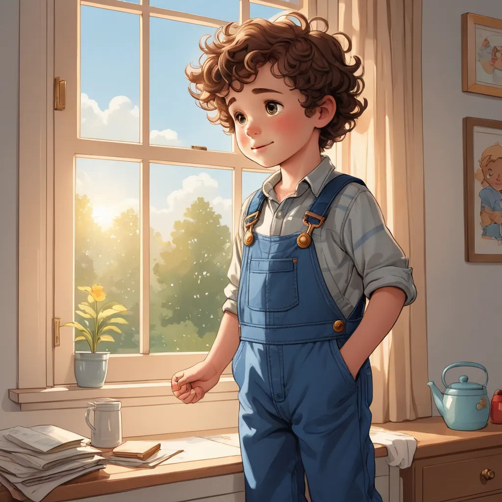 a boy standing in front of a window with a book in his hand and a cup of coffee in his hand, american scene painting, a storybook illustration, Diego Gisbert Llorens, rossdraws global illumination