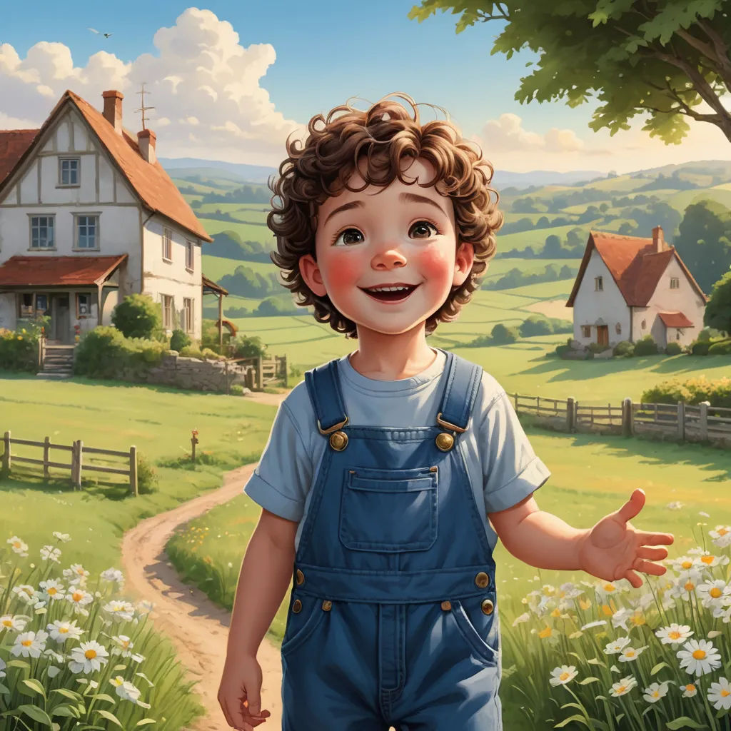 a painting of a boy in overalls standing in a field with a house in the background and a dirt road leading to the house, american scene painting, a storybook illustration, Bob Byerley, storybook illustration