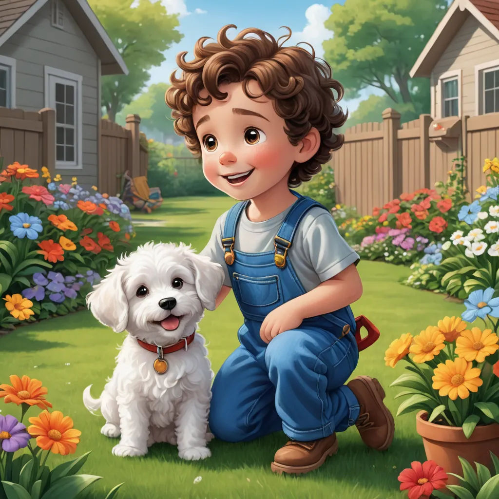 a boy kneeling down next to a white dog in a garden with flowers and a fence in the background, american scene painting, a storybook illustration, Charles Schulz, kinkade