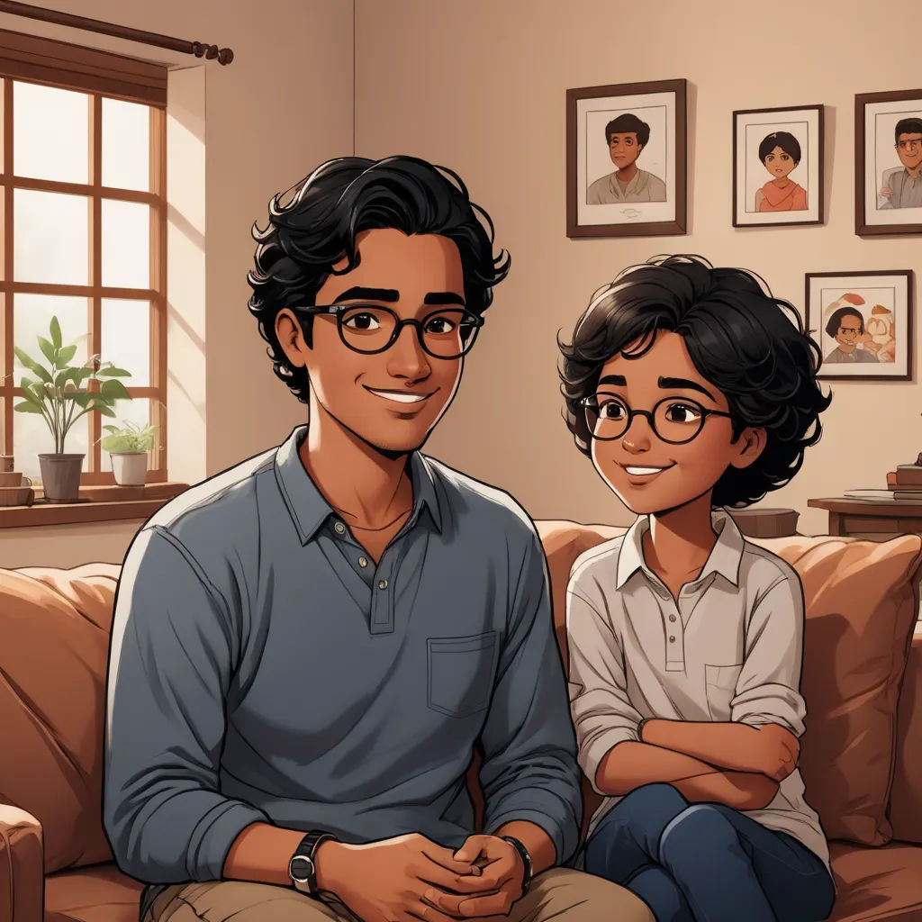 a man and a woman sitting on a couch in a living room with pictures on the wall behind them, sots art, a comic book panel, Bikash Bhattacharjee, official art