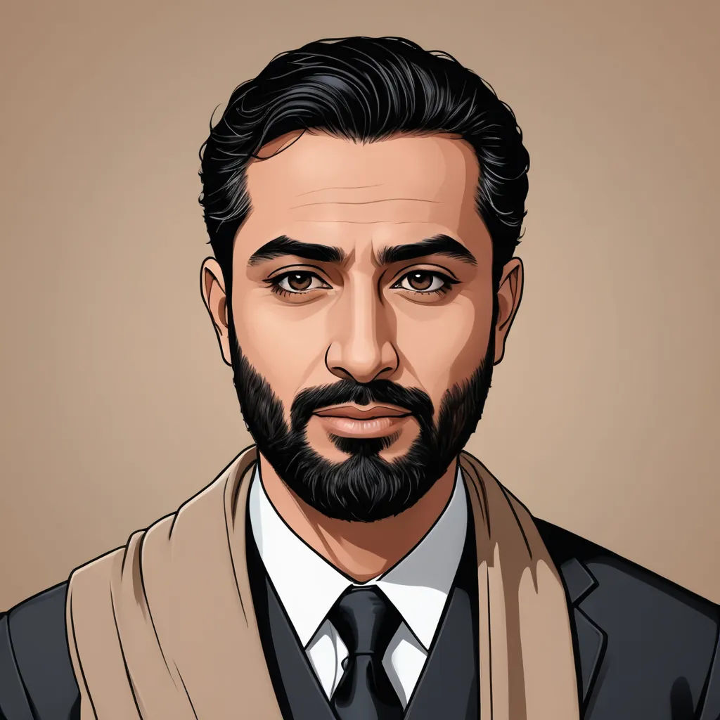 a man with a beard and a suit on a brown background with a scarf around his neck and a tie around his neck, serial art, a character portrait, Amir Zand, character portrait