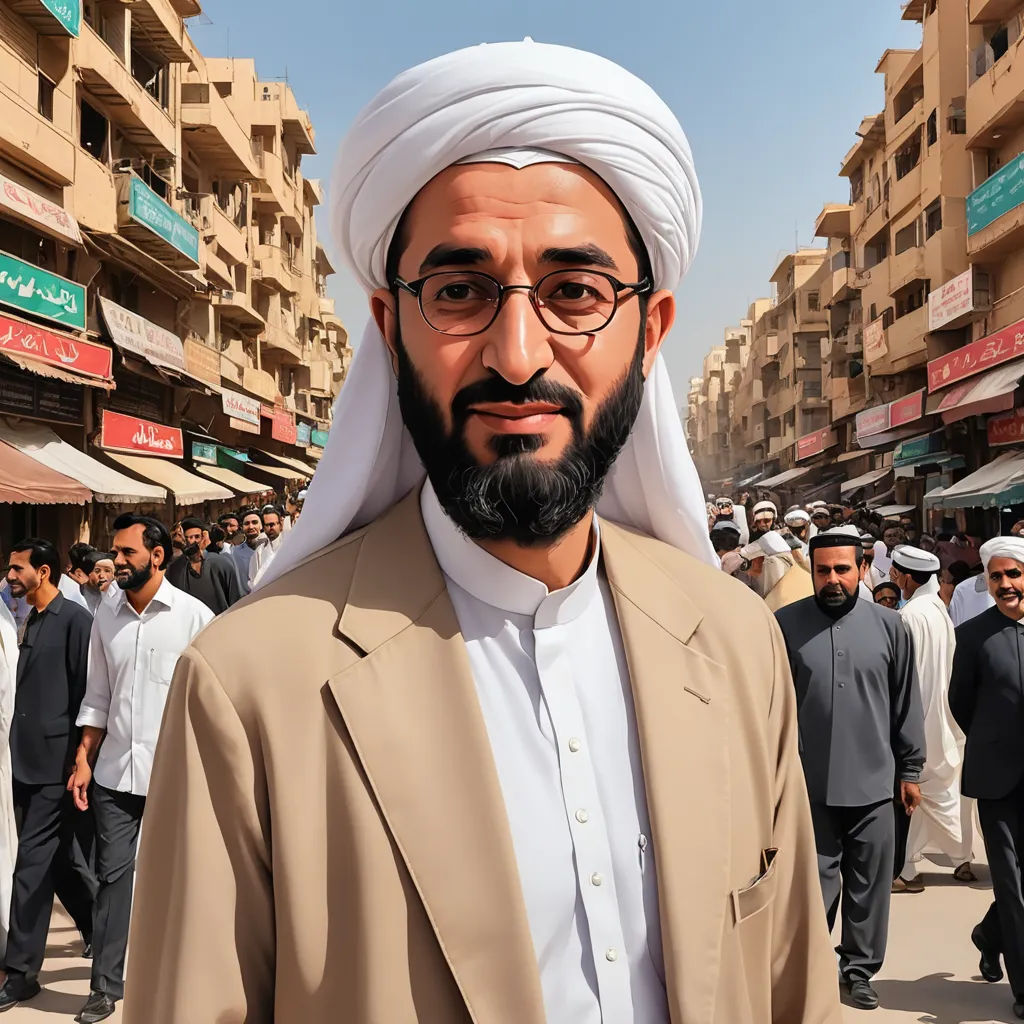 a man in a turban standing in a crowded street in a city with many people walking around, hyperrealism, a photorealistic painting, Abdullah Gërguri, highly detailed digital painting
