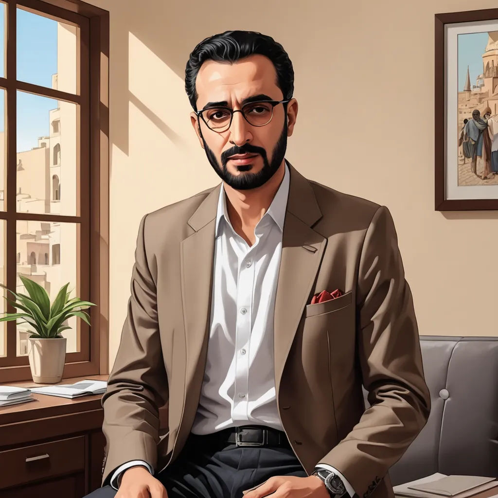 a man in a suit sitting on a couch in front of a window with a potted plant in the corner, serial art, a character portrait, Ahmed Karahisari, high detail illustration
