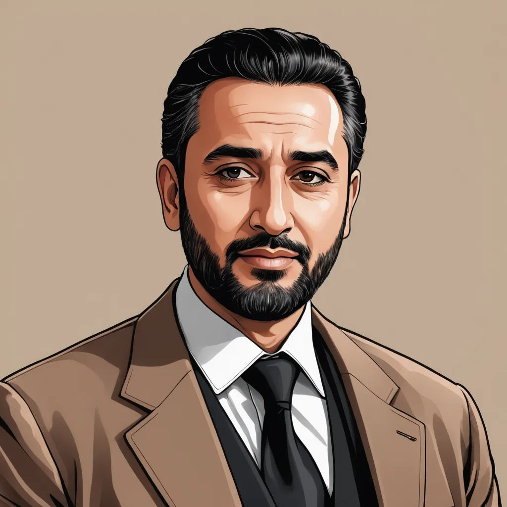 a man in a suit and tie with a beard and a beard mustache is shown in a digital painting, digital art, a character portrait, Altoon Sultan, digital portrait