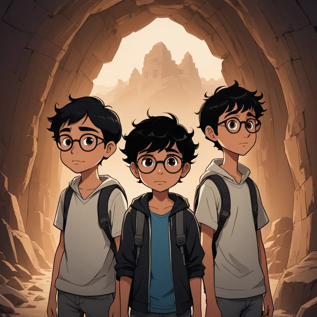 three boys standing in a cave with a light coming through the cave door and a cave entrance behind them, dau-al-set, egyptian art, Amir Zand, official art