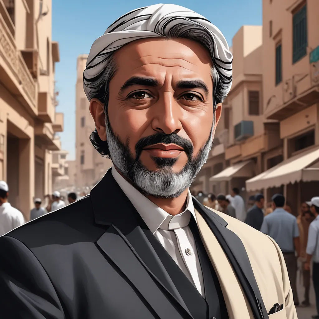a man in a suit and tie standing in a street with people in the background and a building with a clock on it, serial art, a character portrait, Altoon Sultan, professional digital painting