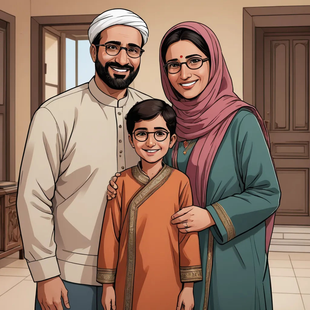 a family is standing in a room with a door and a window in the background, a man and a woman are smiling, hurufiyya, a storybook illustration, Chip Zdarsky, official art