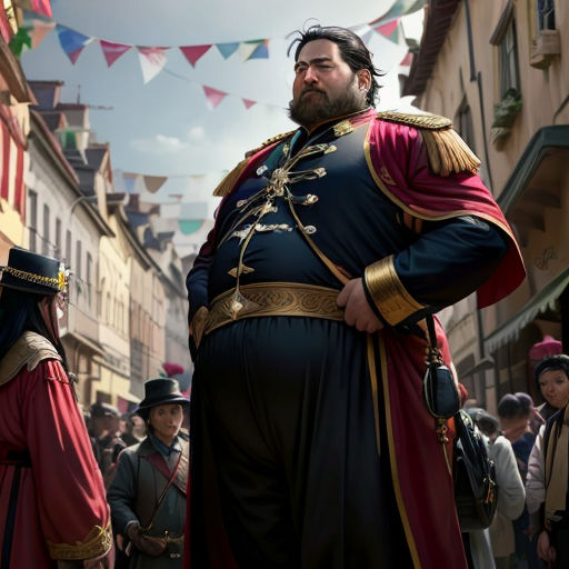 a man in a costume standing in a street with people around him and flags flying overhead in the background