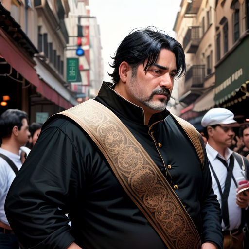 a man in a black shirt and a brown vest and a crowd of people in the background and a man in a black shirt and brown vest