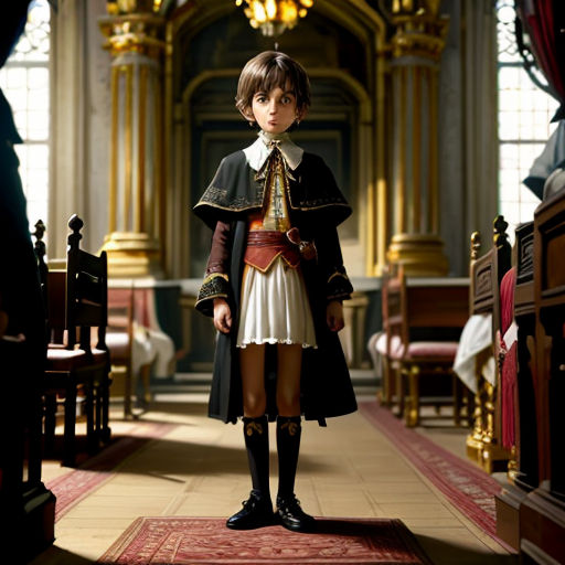 a doll is standing in a room with a red carpet and a chandelier in the background and a red carpet on the floor