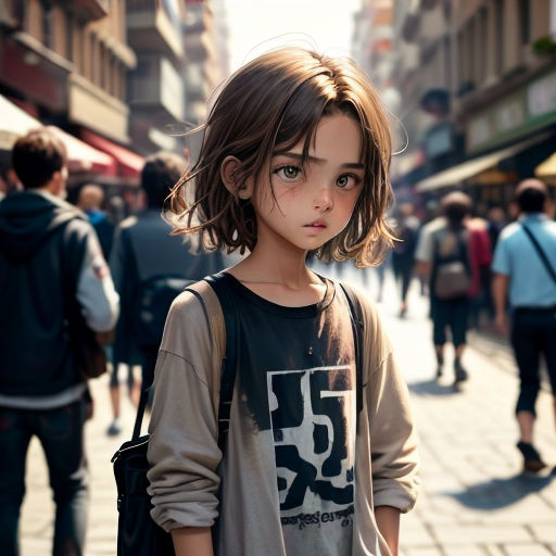 a young girl standing on a sidewalk in a crowded city street with people walking around her and a man walking behind her