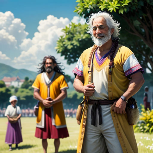 a man in a yellow outfit standing next to a man in a yellow outfit in a field with other people
