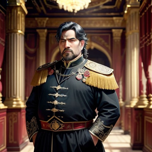a man in a uniform standing in a room with red walls and gold trimmings on his coat
