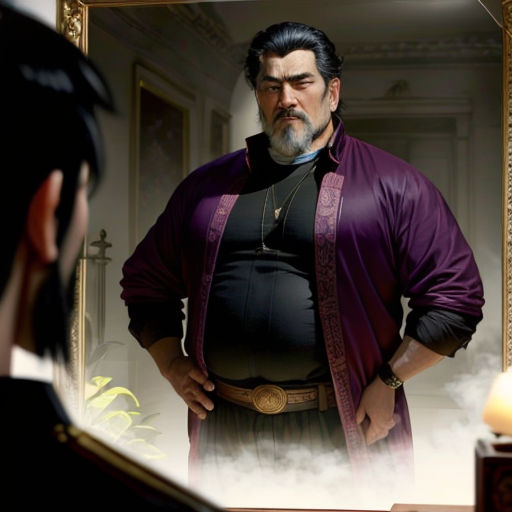 a man in a purple jacket standing in front of a mirror with a man in a black shirt and a purple robe