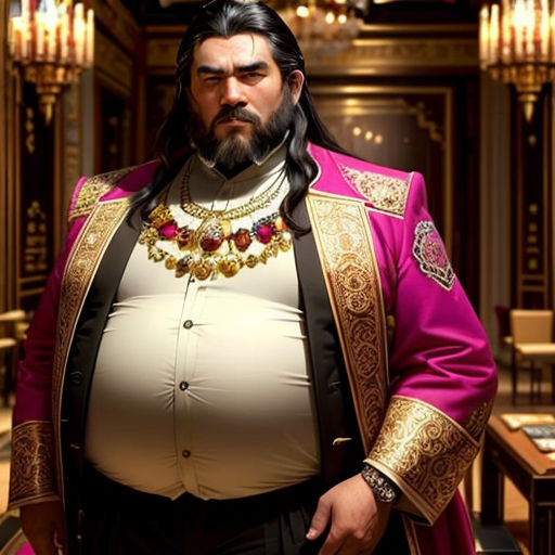 a man in a pink suit and gold jewelry standing in a room with chandeliers and chandeliers