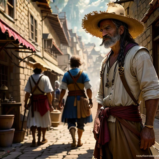 a man in a hat and a long beard walking down a street with other people in the background and a mountain in the distance