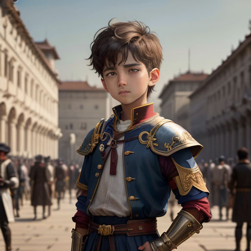 a young boy in a blue and red uniform standing in a street with a crowd of people in the background