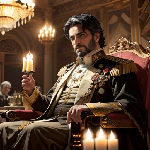a man in a suit sitting in a chair holding a candle in his hand and a chandelier in the background