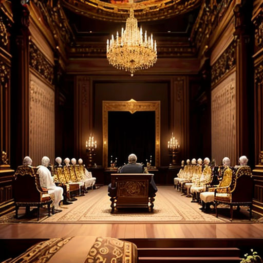 a large room with a chandelier and a stage set up for a ceremony with chairs and a podium