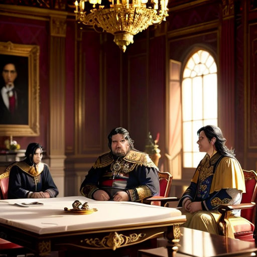 a group of people sitting around a table in a room with paintings on the walls and a chandelier