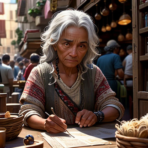 a woman sitting at a table with a pen and paper in her hand and a bowl of food in front of her
