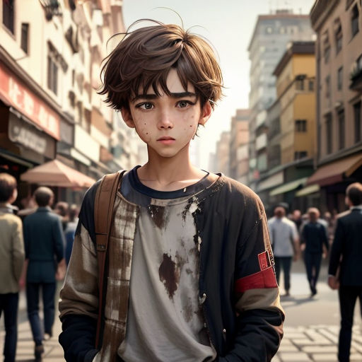 a boy with a messy hair standing in a crowded street with people walking around him and a man with a backpack on his shoulder