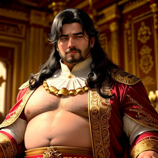 a man in a red and gold outfit with long hair and a beard and a beard mustache, standing in a gold and red room