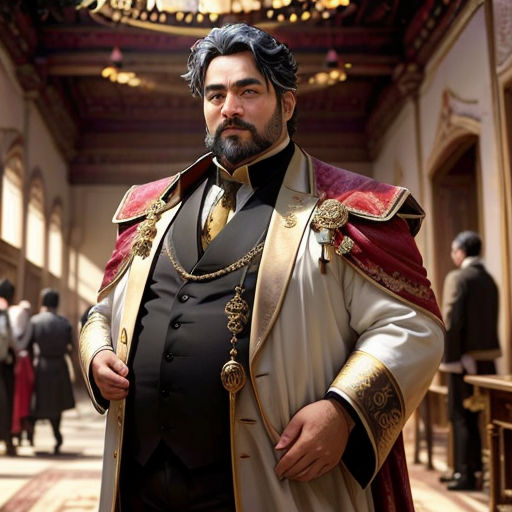 a man in a costume standing in a room with people in the background and a chandelier hanging from the ceiling