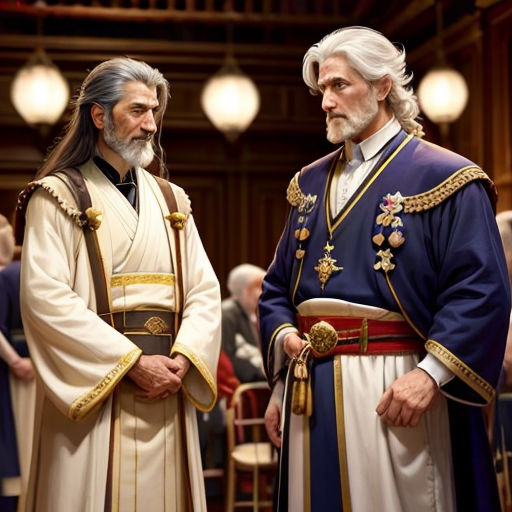 two men in robes standing next to each other in a room with people in the background and lights on
