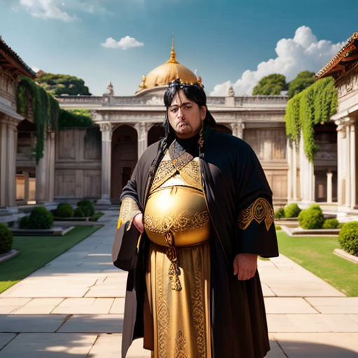 a man in a golden outfit standing in a courtyard with a golden ball on his chest and a black robe on his head