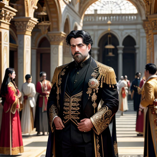 a man in a black and gold outfit standing in a building with other people in red and gold outfits