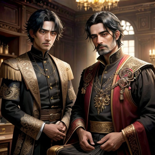 two men in renaissance clothing standing next to each other in a room with chandeliers and chandeliers
