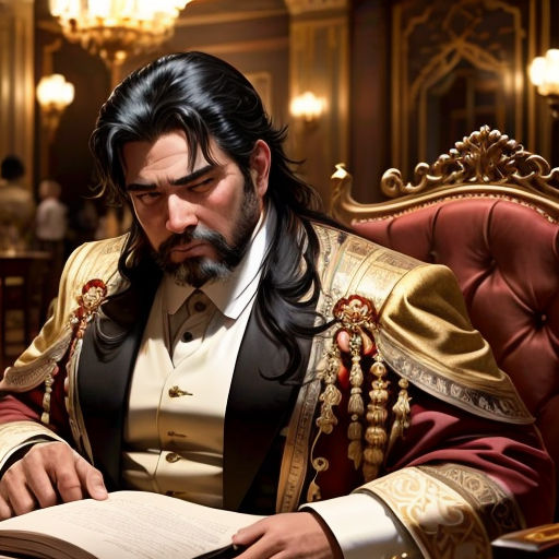 a man in a suit sitting in a chair reading a book in a room with chandeliers and chandeliers