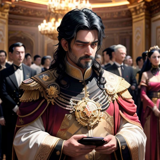 a man in a costume holding a cell phone in a crowd of people in formal wear and tuxedos
