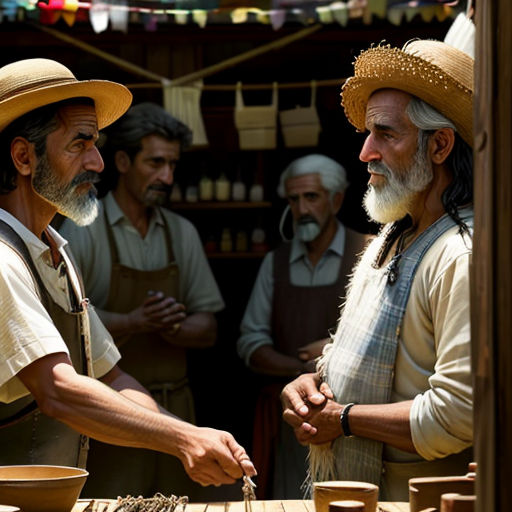a group of men standing around a wooden table with bowls on it and a man in a straw hat