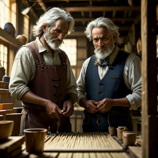 two men are working on pottery in a shop together, one is wearing a blue apron and the other is wearing a brown apron